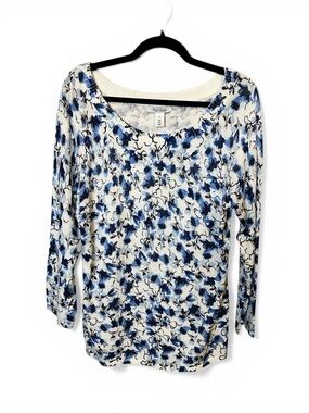Boho White House Black Market Sweater Blue Floral Prairie Festival Western Sz XL